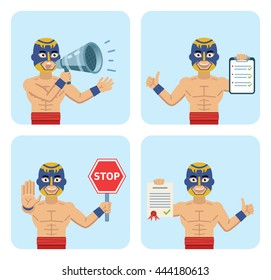 Set of luchador characters posing in different situations. Cheerful wrestler holding stop sign, loudspeaker, clipboard, document, contract, paper. Flat style vector illustration