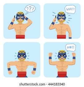 Set of luchador characters posing in different situations. Wrestler talking on the phone, surprised, thinking, angry. Flat style vector illustration