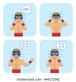 Set of luchador characters showing different facial expressions. Cheerful wrestler showing thumb up gesture, laughing, surprised, smiling, crying. Flat style vector illustration