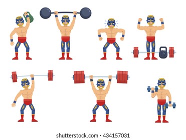 Set of luchador characters working out at the gym. Cheerful wrestler lifting kettlebell, barbell, dumbbells. Training session, weight lifting. Flat style vector illustration