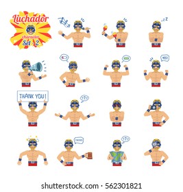 Set of luchador emoticons showing different actions, gestures, emotions. Cheerful wrestler singing, sleeping, holding loudspeaker, banner, map and doing other actions. Simple vector illustration