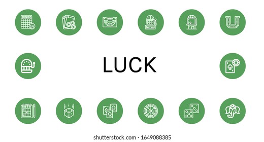 Set of luck icons. Such as Bingo, Gambling, Baccarat, Slot machine, Claw machine, Horseshoe, Sudoku, Dice, Playing cards, Roulette, Ganesha , luck icons