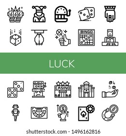 Set of luck icons such as Jackpot, Dice, Joker, Claw machine, Slot machine, Clover, Bingo, Hamsa, Croupier, Irish, Baccarat, Casino, Bet, Gambling, Horseshoe , luck