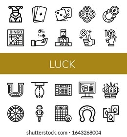 Set of luck icons. Such as Joker, Bingo, Poker, Dice, Croupier, Clover, Horseshoe, Bet, Roulette, Claw machine, Irish, Lotto, Online casino, Jackpot, Playing cards , luck icons