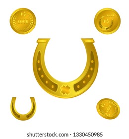Set of luck silhouette symbols - horseshoe, shamrock, coins with clover