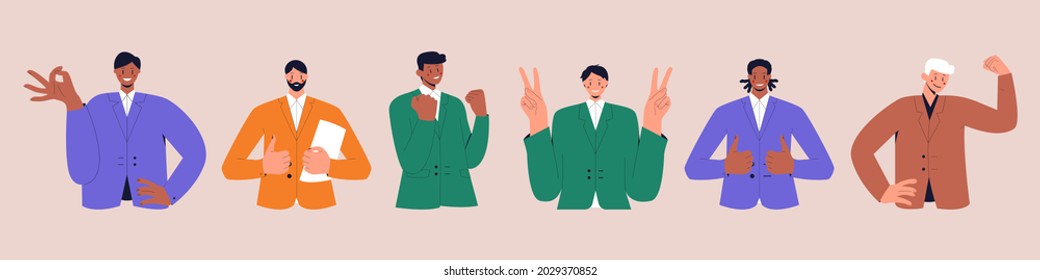 Set of lucky businessman with different skin colors showing various positive emotions with gestures. Victory fingers, ok sign, clenched fist, thumbs up. Flat vector illustration. Eps 10.