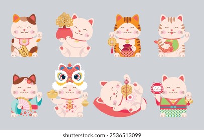 Set of lucky cats with raised paw holding various money symbols. Maneki-neko tricolor, tangerine, white, with coins, purse, fish, gold bar, daruma kitten, in kimono and in dragon mask