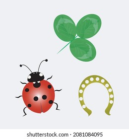 Set of lucky charms: ladybug, horseshoe and clover. Vector graphics