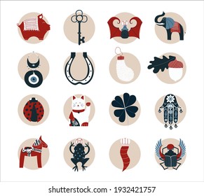 Set of lucky charms, symbols, amulets, talismans. Good fortune symbols clipart. Symbols of good luck, prosperity and success. Horseshoe, clover, Maneki Neko.