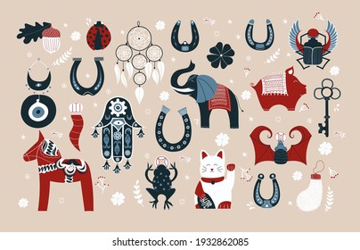 Set of lucky charms, symbols, amulets, talismans. Good fortune symbols clipart. Symbols of good luck, prosperity and success. Horseshoe, clover, Maneki Neko, dala horse, evil eye, dreamcatcher