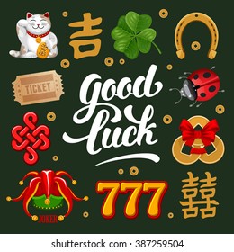 Set of Lucky Charms, Symbols and Talismans. Calligraphy Lettering Inscription Good Luck. Vector Illustration.