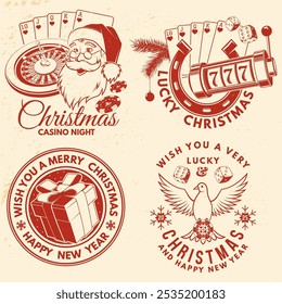 Set of Lucky Christmas casino night. Gambling vintage print, logo, badge design with santa claus, poker playing card, dove holding casino chips, classic casino play-roulette. Vector illustration.