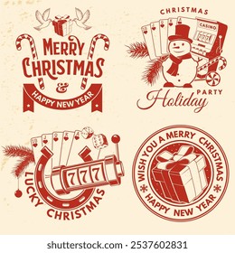 Set of Lucky Christmas casino night. Vintage print, logo, badge design with doves holding gift box, casino dice, snowman, poker playing card, slot machines and sweet candy cane. Vector.