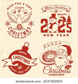 Set of Lucky Christmas casino night. Gambling vintage print, logo, badge design with santa claus, poker playing card, dove holding casino chips, classic casino play-roulette. Vector illustration.