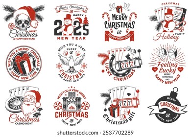 Set of Lucky Christmas casino night. Vintage print, logo, badge design with santa claus, casino dice, snowman, poker playing card, slot machines and sweet candy cane. Vector illustration.