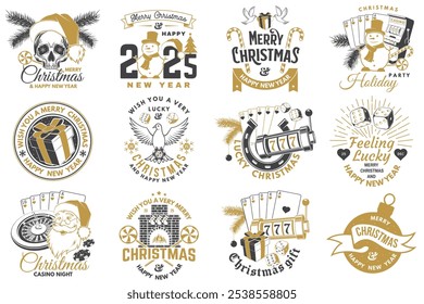 Set of Lucky Christmas casino night. Vintage print, logo, badge design with santa claus, casino dice, snowman, poker playing card, slot machines and sweet candy cane. Vector illustration.