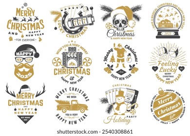 Set of Lucky Christmas casino night. Vintage print, logo, badge design with santa claus, casino dice, snowman, poker playing card, slot machines and sweet candy cane. Vector illustration.