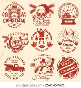 Set of Lucky Christmas casino night. Vintage print, logo, badge design with santa claus, casino dice, fireplace, poker playing card, slot machines and sweet candy cane. Vector illustration