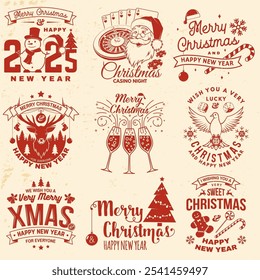 Set of Lucky Christmas casino night. Vintage print, logo, badge design with santa claus, casino dice, snowman, poker playing card, slot machines and sweet candy cane. Vector illustration.