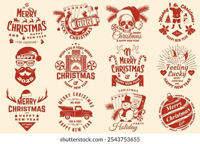 Set of Lucky Christmas casino night. Vintage print, logo, badge design with santa claus, casino dice, fireplace, poker playing card, slot machines and sweet candy cane. Vector illustration