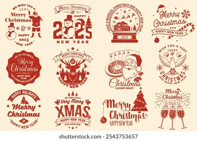 Set of Lucky Christmas casino night. Vintage print, logo, badge design with santa claus, casino dice, snowman, poker playing card, slot machines and sweet candy cane. Vector illustration.