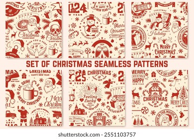 Set of Lucky Christmas casino night. Vintage print, logo, badge design with santa claus, casino dice, dove holding casino chips, poker playing card, slot machines and sweet candy cane. Vector