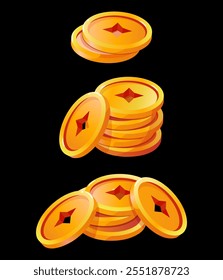 Set of lucky gold coins. Hand drawn vector illustration. Coins with a hole in the middle. Money for design. Game currency.