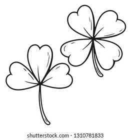 Set of lucky hand drawn clover leaves with 3 (three) and 4 (four) leaves sketh. Stock Vector Illustration