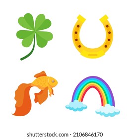 A set of lucky icons. Horseshoe, goldfish, four-leaf clover, St Patrick's Day, rainbow. For holiday, festival, postcards, invitations, raffle, casino. Vector flat illustration, cartoon style.