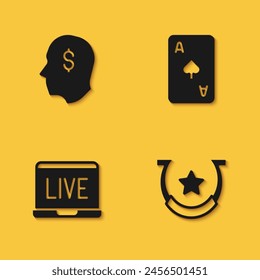 Set Lucky player, Horseshoe, Online poker table game and Playing card with spades symbol icon with long shadow. Vector