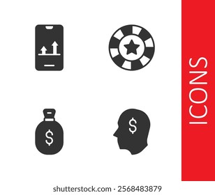 Set Lucky player, Online sports betting, Money bag and Casino chips icon. Vector