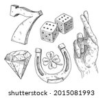 Set lucky symbols. Horseshoe, dice, four leaf clover, diamond, dice, seven number, two crossed fingers. Vintage hatching monochrome black illustration. Isolated on white. Hand drawn ink design