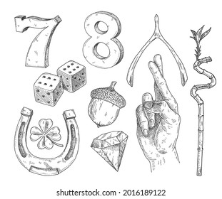 Set lucky symbols. Horseshoe, wishbone, , acorn, lucky bamboo, eight, acorn, dice, four leaf clover, diamond, dice, seven , two crossed fingers. Vintage black hatching illustration isolated on white