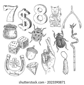 Set lucky symbols. Horseshoe, wishbone, acorn, bamboo, eight, acorn, dice, clover, diamond, dice, seven, crossed fingers, dollar, neko, ladybird, scarab, . Vintage black hatching isolated on white