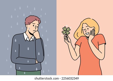 Set of lucky and unlucky people in life. Unhappy stressed man and smiling optimistic woman feeling different moods. Vector illustration. 