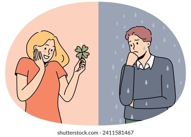 Set of lucky and unlucky people in life. Unhappy stressed man and smiling optimistic woman feeling different moods. Vector illustration.