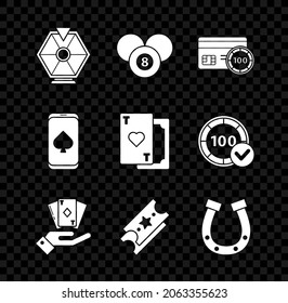 Set Lucky wheel, Billiard pool snooker 8 ball, Credit card, Hand holding deck of playing cards, Lottery ticket, Horseshoe, Online poker table game and Playing with heart icon. Vector