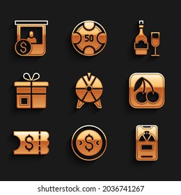 Set Lucky wheel, Coin money with dollar, phone, Slot machine cherry, Lottery ticket, Gift box, Champagne bottle glass and Casino chips exchange icon. Vector