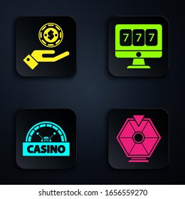 Set Lucky wheel, Hand holding casino chips, Casino signboard and Online slot machine with lucky sevens jackpot. Black square button. Vector