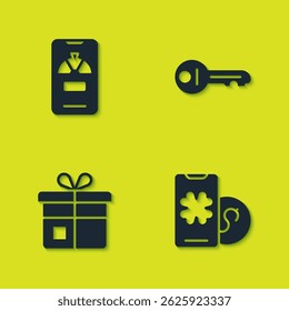 Set Lucky wheel on phone, Online poker table game, Gift box and Old key icon. Vector