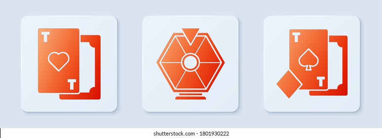 Set Lucky wheel, Playing card with heart and Playing card with spades. White square button. Vector