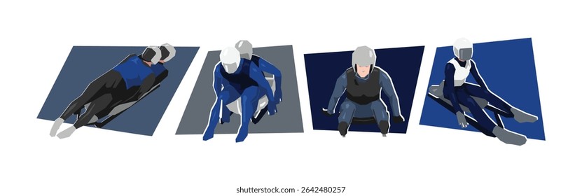 Set of luge athlete in action. Extreme sport, race. Flat vector cartoon illustration.