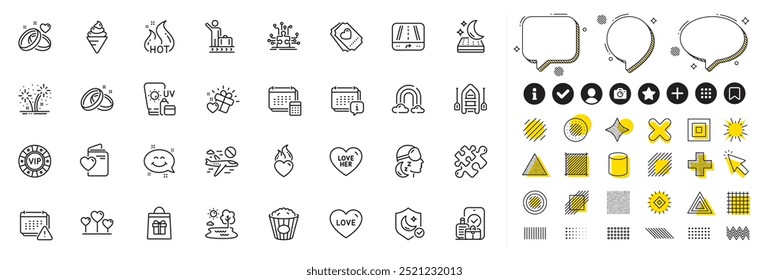 Set of Luggage belt, Gps and Mattress line icons for web app. Design elements, Social media icons. Insomnia, Love heart, Popcorn icons. Calendar, Smile chat, Wedding rings signs. Vector