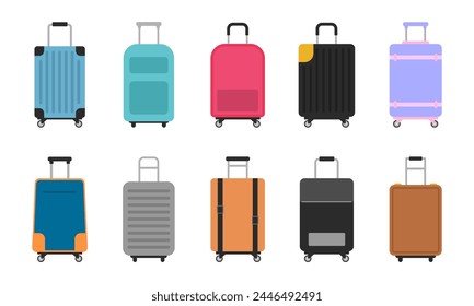 Set of luggage collection, colorful Travel luggage set for travel or journey, Suitcase plastic bag, travel bag luggage summer tour with bags and suitcases. accessory briefcase. vector illustration