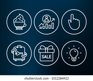 Set of Luggage, Hand click and Sale offer icons. Ð¡areer ladder, Cappuccino cream and Light bulb signs. Baggage locker, Location pointer, Gift box. Vector