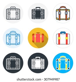 Set of luggage icons in different styles isolated on white background.