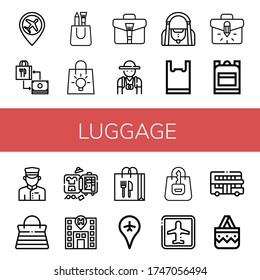 Set of luggage icons. Such as Airport, Shopping bag, Bag, Briefcase, Tourist, Gym bag, Plastic School Doorman, Handbag, Luggage, Hotel, Touristic , luggage icons