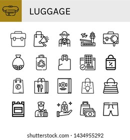 Set of luggage icons such as Belt pouch, Bag, Shopping bag, Tourist, Airport, Briefcase, Recycled bag, Plastic Hotel, Handbag, School Customs, Trunk , luggage