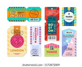 Set Of Luggage Label Tag Registered. Retro Travel Luggage Labels And Baggage Tickets With Flight Symbol