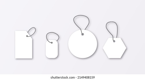 Set of luggage mockup tags isolated on a grey background with string threads, rectangular. Various shopping labels, price cardboard present tags with thread.  